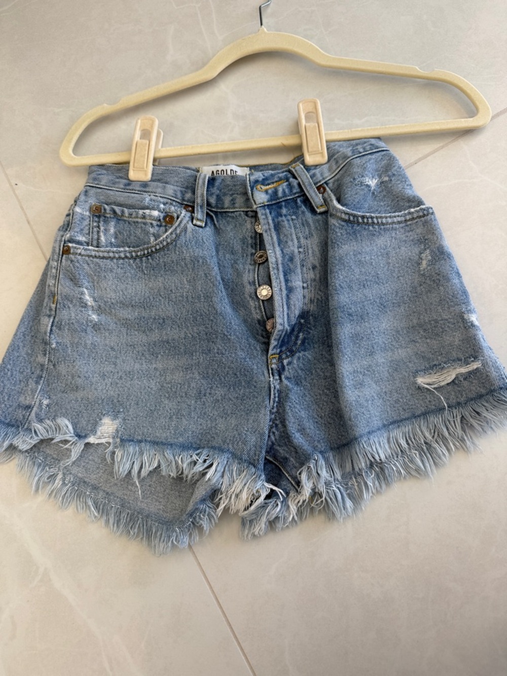 AGOLDE Light Blue Distressed Frayed Hem Denim Shorts
